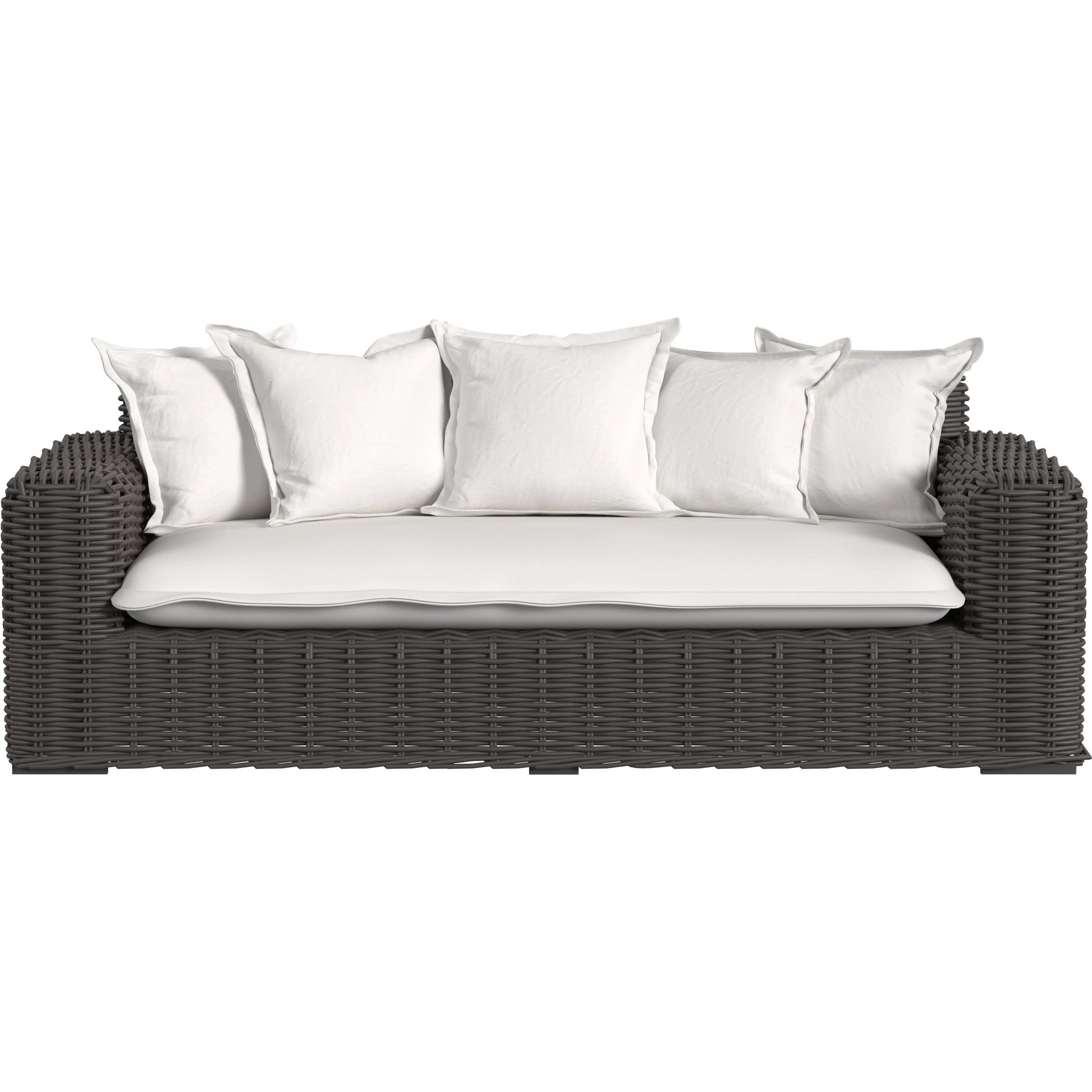 Cabo Outdoor Loveseat by Sunset West in dark wood. Made from resin wicker in a rustic style.