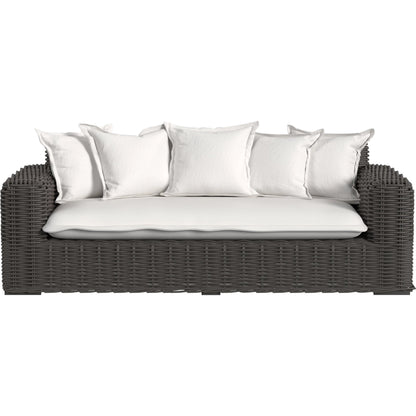 Cabo Outdoor Loveseat by Sunset West in dark wood. Made from resin wicker in a rustic style.