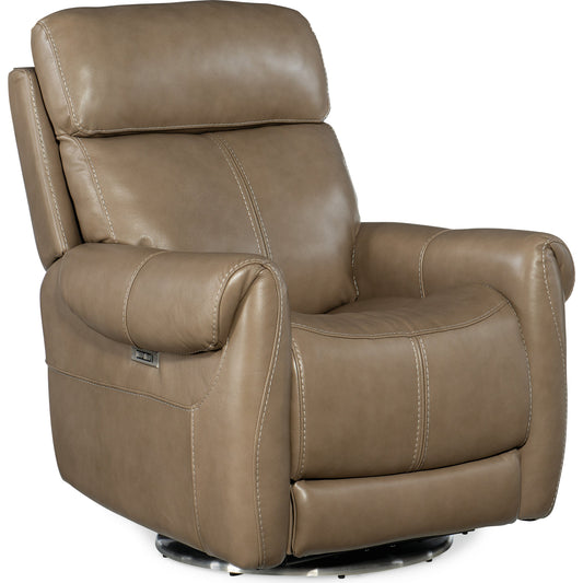 Sterling Swivel Power Recliner by Hooker Furniture. Made from leather in a unique style.