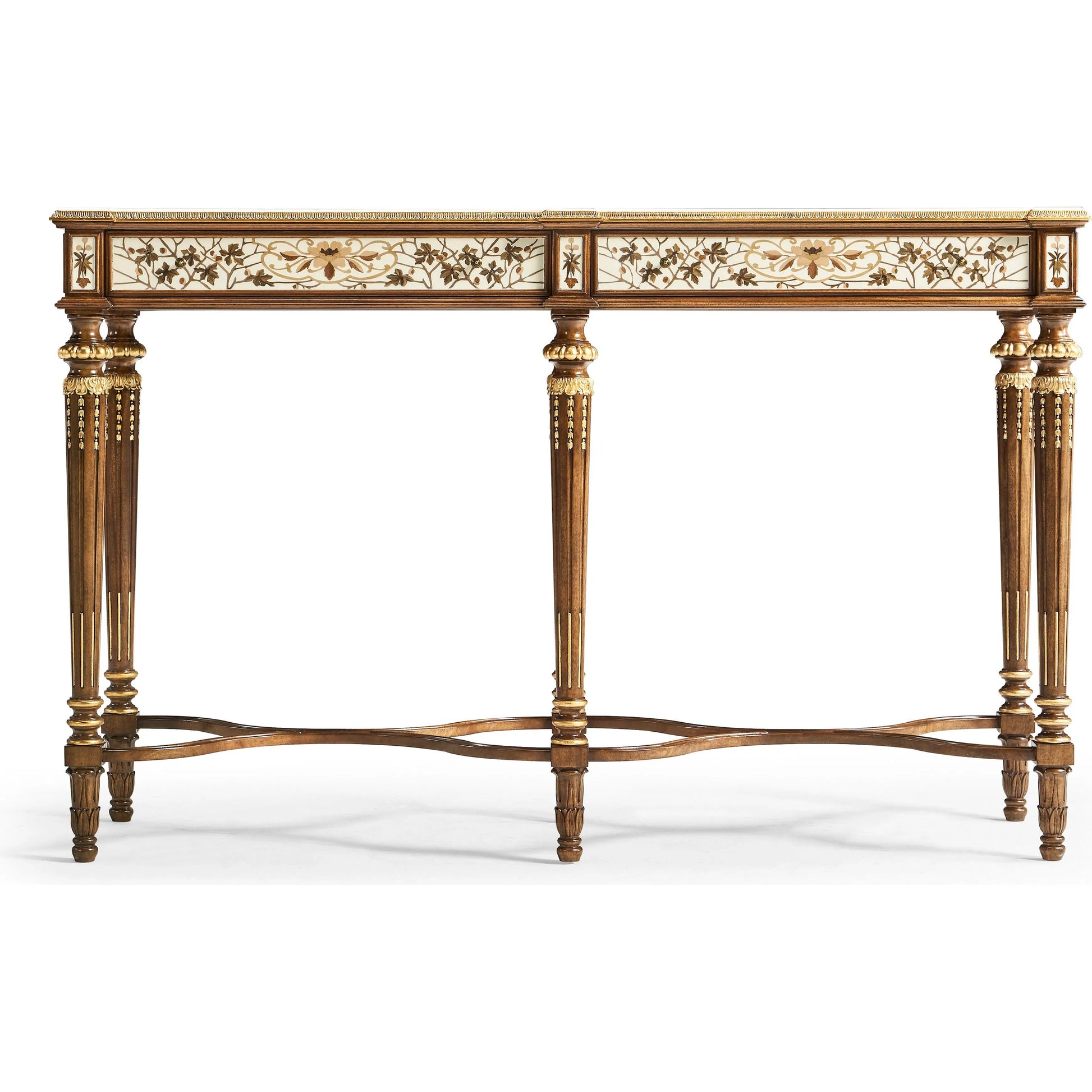 Trianon Console Table by Jonathan Charles in oak leaf parquetry. Made from mahogany solids, various marquetry veneers, resin, brass in a traditional style.