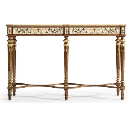Trianon Console Table by Jonathan Charles in oak leaf parquetry. Made from mahogany solids, various marquetry veneers, resin, brass in a traditional style.