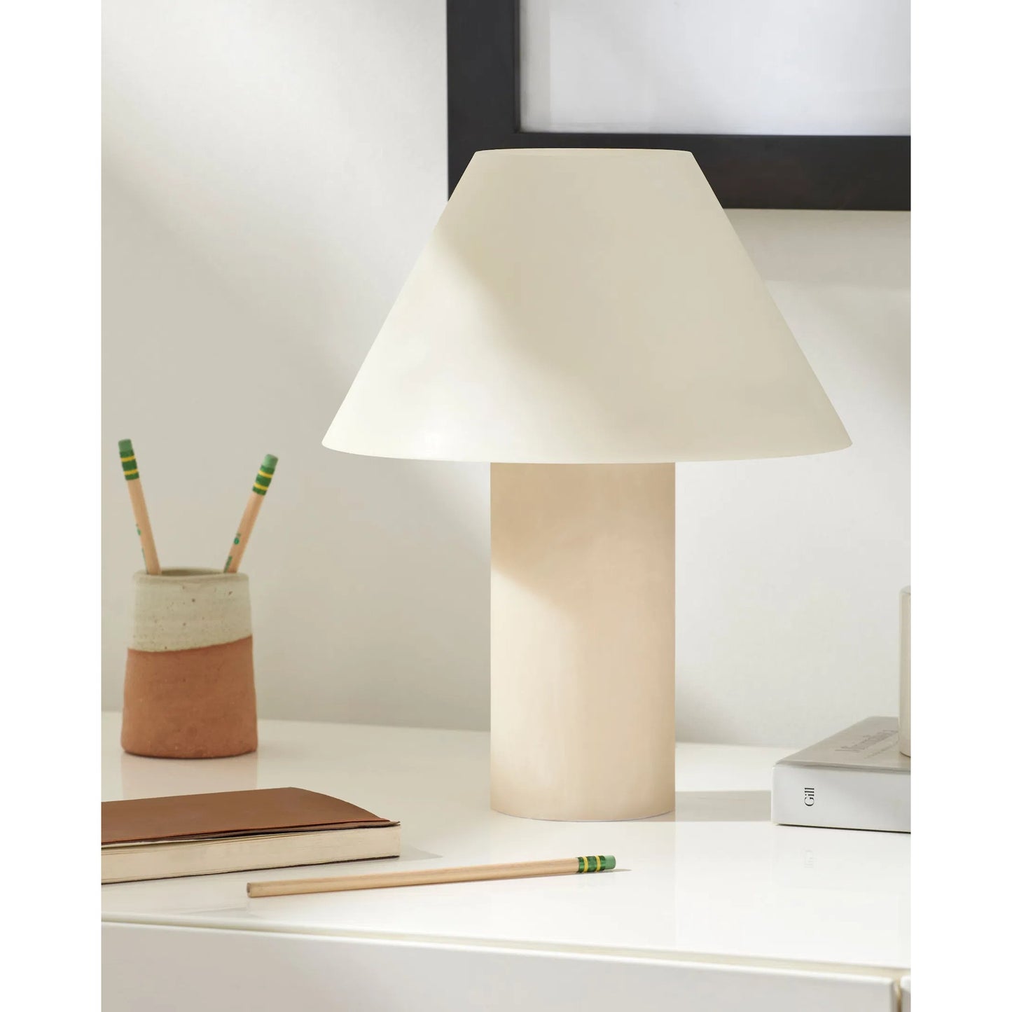 002 SI-2349623 | Lifestyle | Ubate Accent Table Lamp by Livabliss in body: white; shade: ivory; cord: translucent and marbled. Made from resin, linen, plastic in a transitional style.