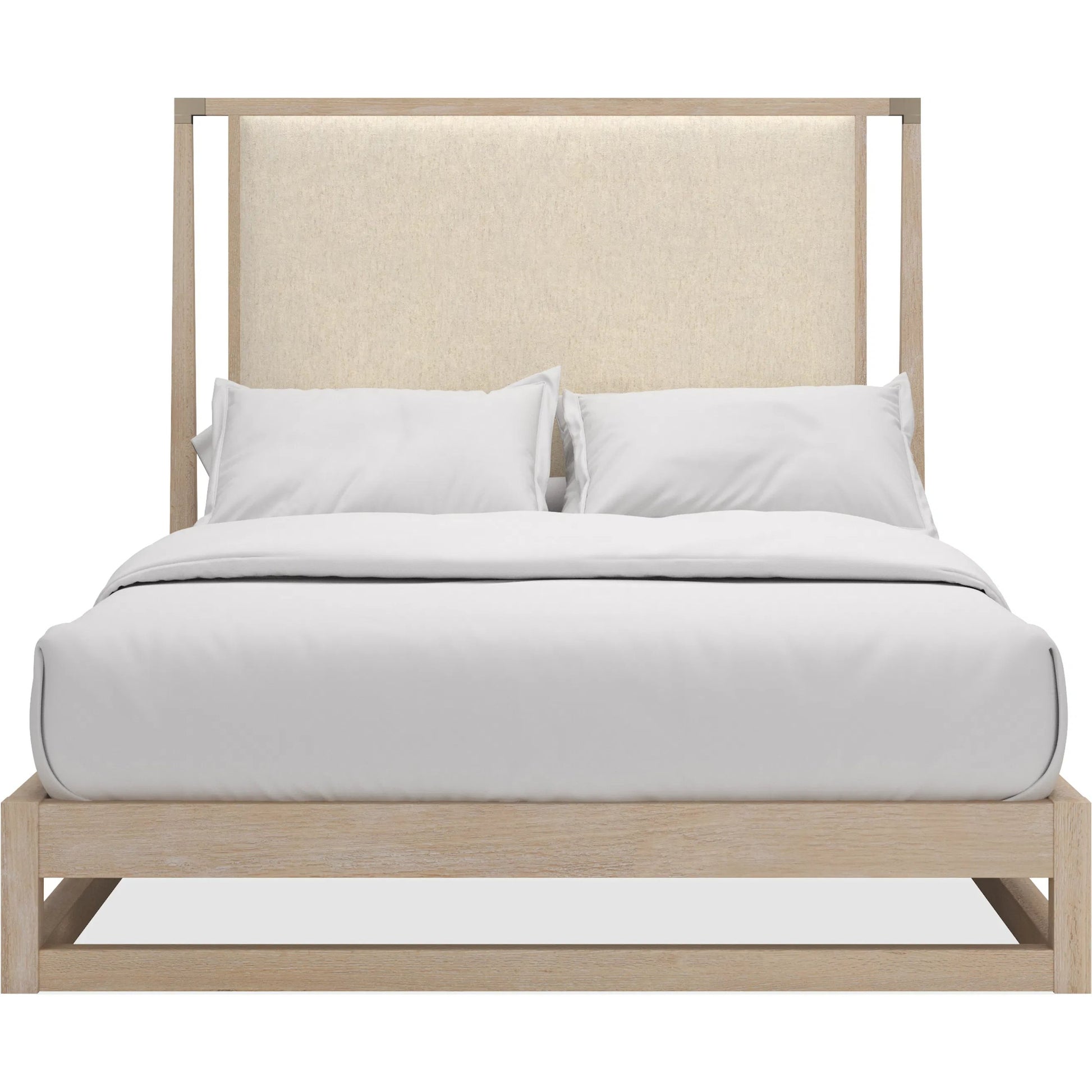 Pinstripe Upholstered  Bed by Caracole in sun drenched oak. Made from oak, quartersawn oak in a transitional style.