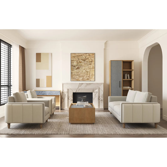 Barret Sofa by A.R.T. Furniture in beige and café au lait. Made from inside: velvet sand colored polyester fabric, outback in faux-leather parchement colored material in a unique style.