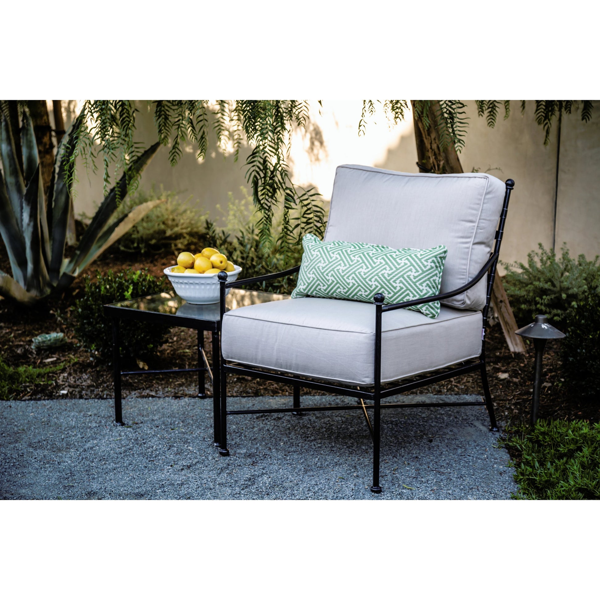 Provence Outdoor End Table by Sunset West in pewter. Made from wrought iron in a modern style.