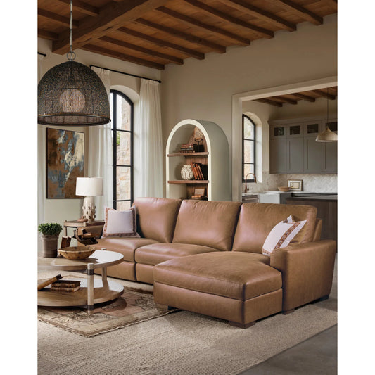 Optimus Three-Seat Sectional by Hooker Furniture in brown and dark wood. Made from leather, aniline plus top grain leather in a unique style.