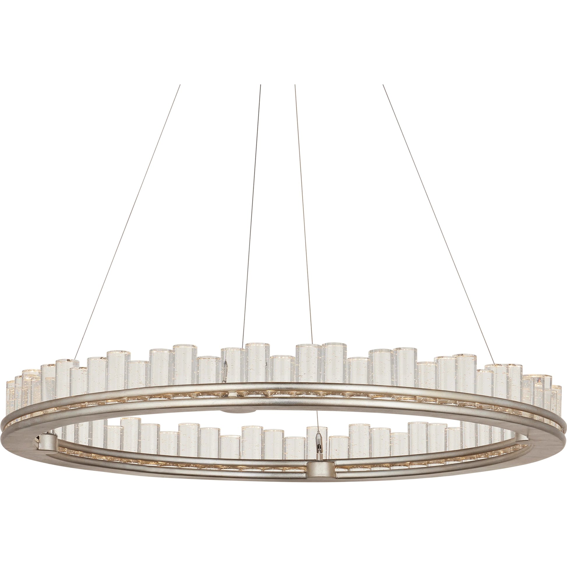Pleiades Chandelier by Currey and Company in contemporary silver leaf, contemporary silver, clear. Made from wrought iron, seeded crystal in a modern style.