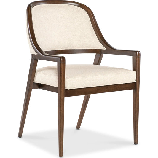 Archives Upholstered Curved Arm Chair by Hooker Furniture in curate wheat and classic walnut. Made from wood, fabric in a transitional style.