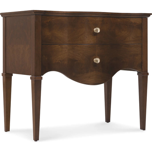 Archives Two-Drawer Nightstand by Hooker Furniture in dark wood and classic walnut. Made from walnut swirl, oak veneer in a transitional style.
