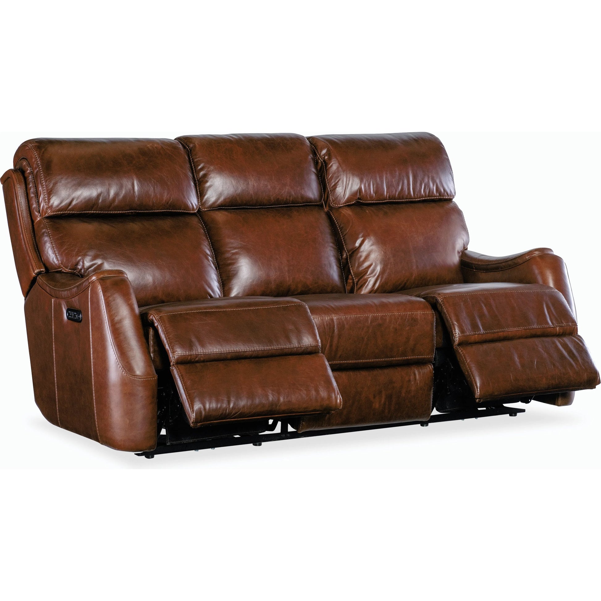 Harlan Zero Gravity Power Sofa w/Power Headrest by Hooker Furniture in carrington walnut. Made from leather in a traditional style.