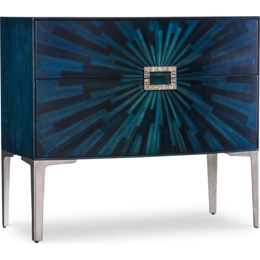 Melange Cosmic Accent Chest by Hooker Furniture in blue. Made from walnut, maple veneers with metal in a modern style.