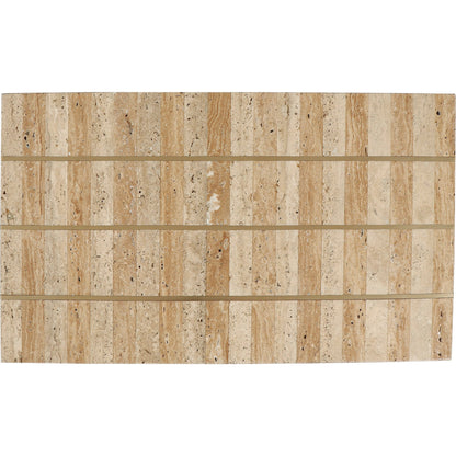 Dezi C Table by Currey and Company in natural, brass. Made from travertine, brass, iron in a transitional style.