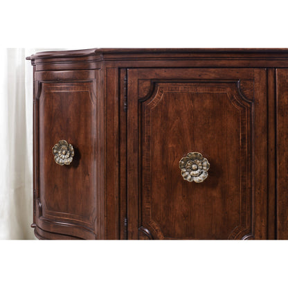 Charleston Four-Door Buffet by Hooker Furniture in maraschino cherry. Made from cherry, maple, walnut veneers, maple inlay, solid-wood edge top in a traditional style.