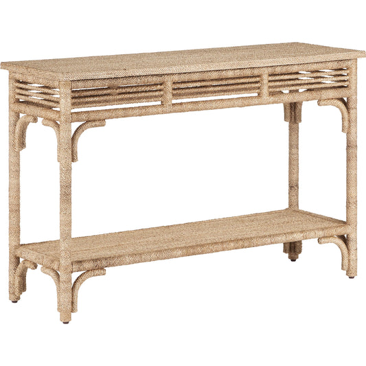 Olisa Console Table by Currey and Company. Made from abaca rope, wood in a coastal style.