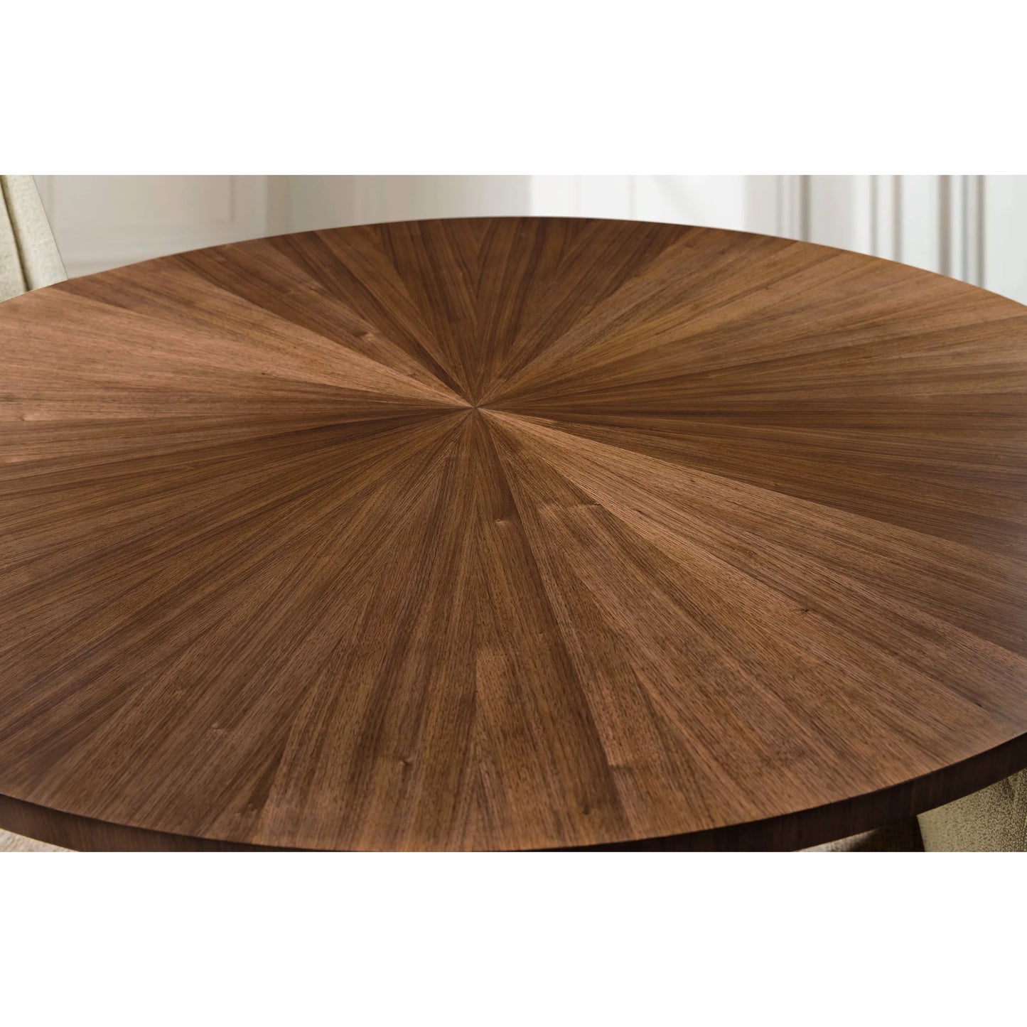 006 SI-2458561 | Closeup | Eleana Round Dining Table by Hooker Furniture in light caramel, sunlit bronze metal. Made from walnut veneers, metal in a modern style.