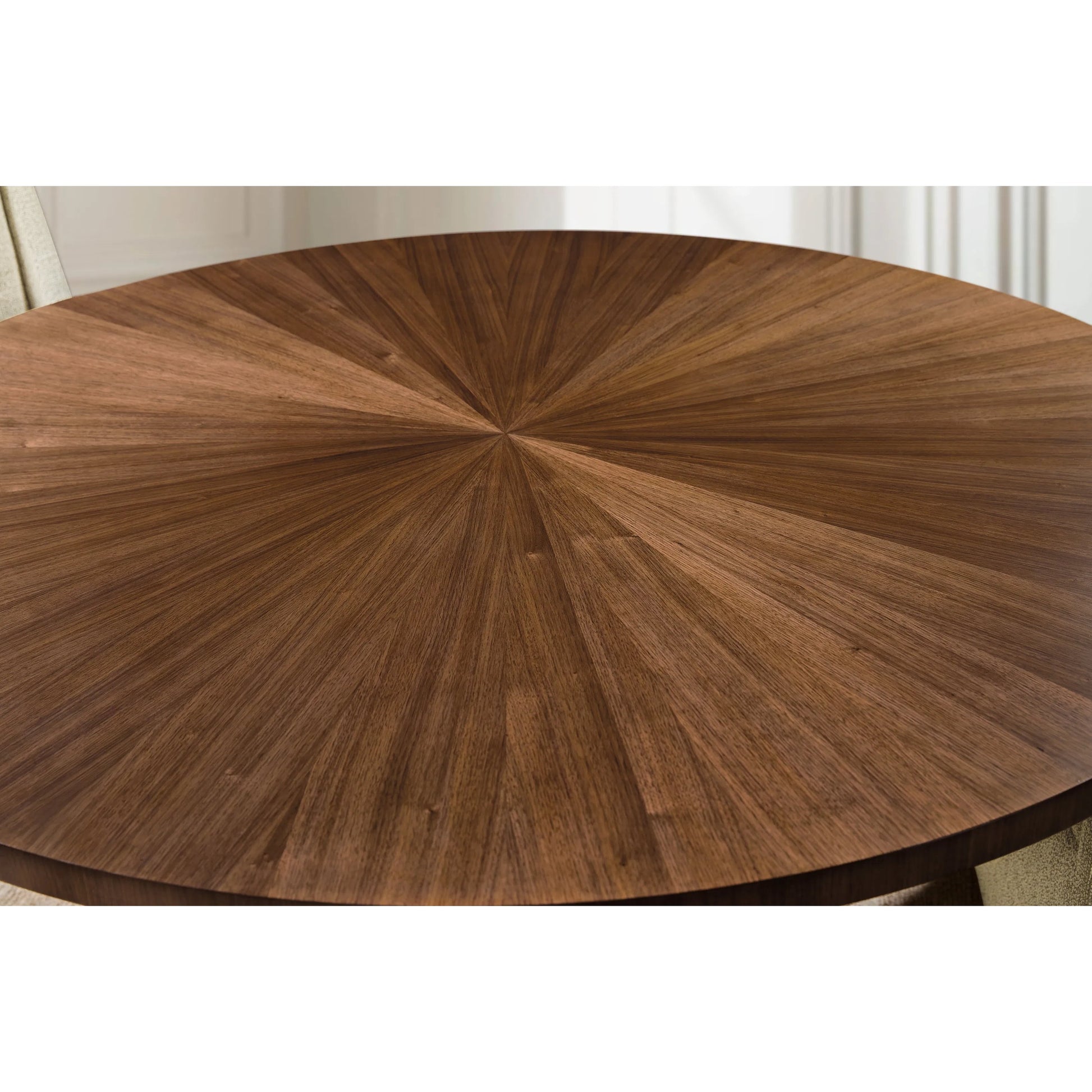 Eleana Round Dining Table by Hooker Furniture in light caramel, sunlit bronze metal. Made from walnut veneers, metal in a modern style.
