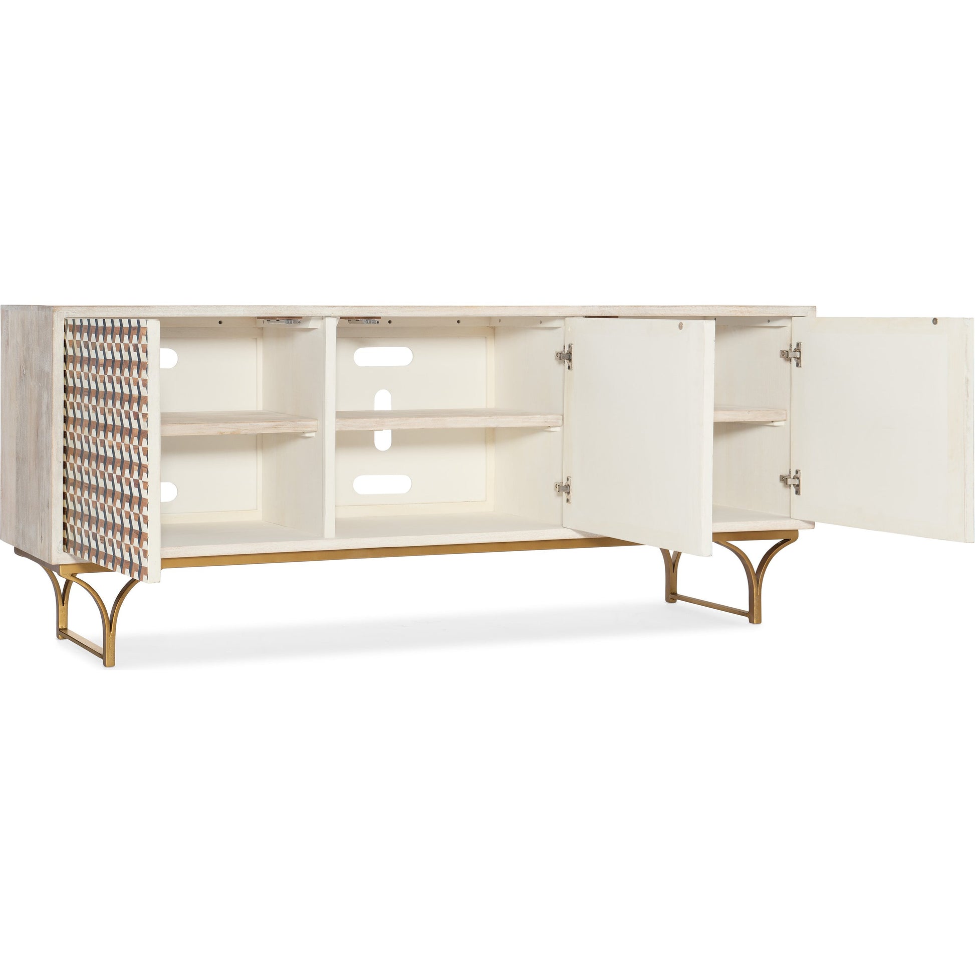 Commerce & Market Jaiden Three Door Credenza by Hooker Furniture in light wood. Made from mango wood with bone inlay, iron in a modern style.
