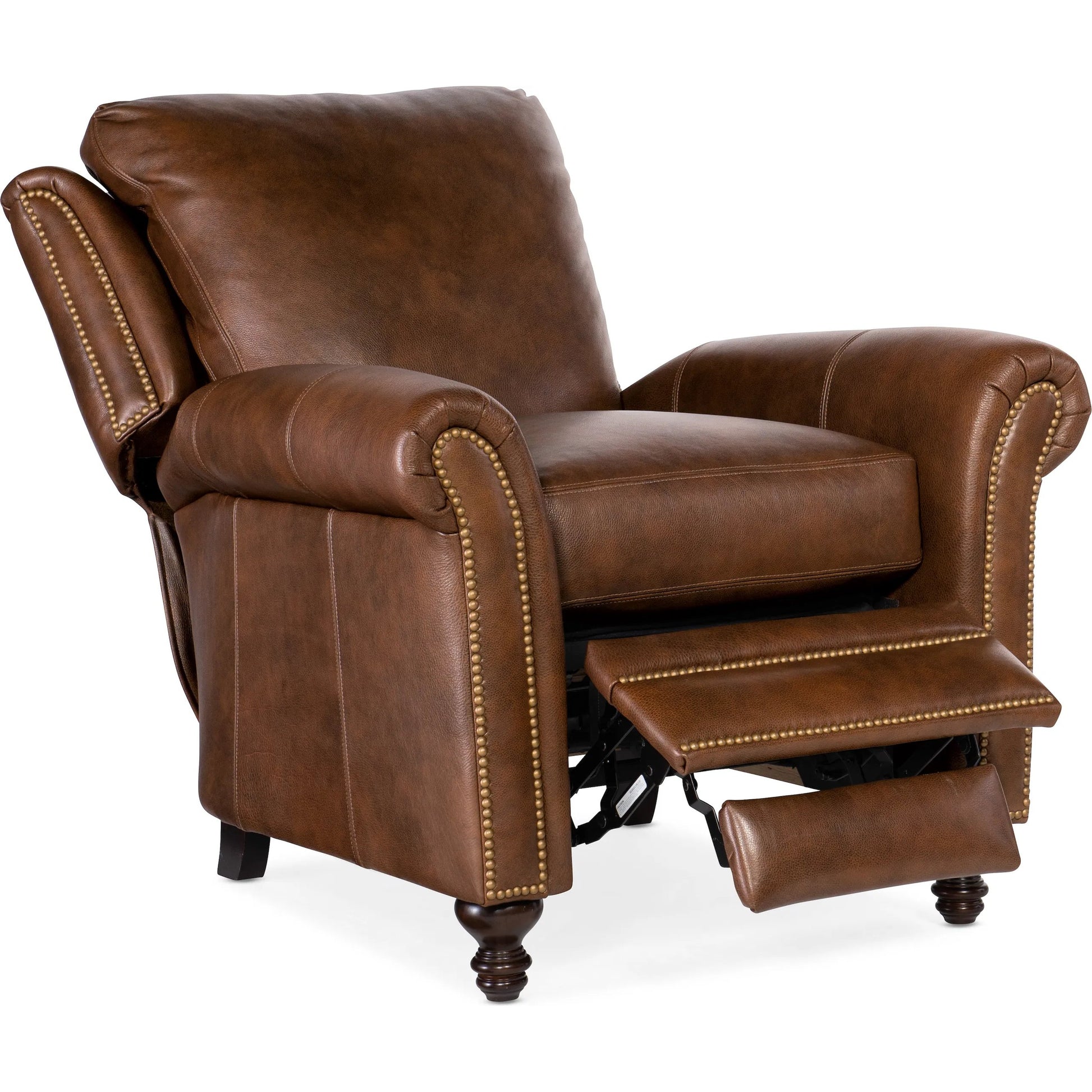 Richardson High Leg Reclining Lounger by Bradington-Young by Hooker Furniture in brown and plantation, brass. Made from 100% leather in a unique style.