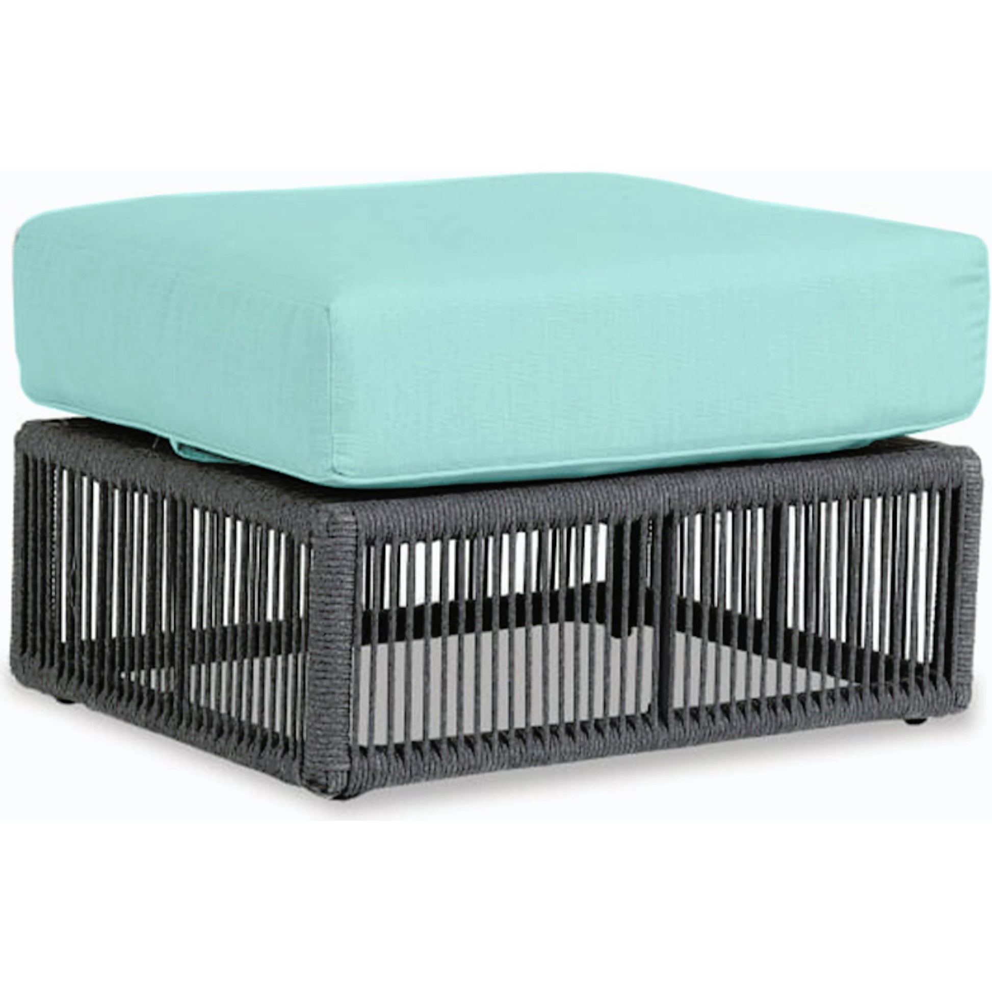 Milano Outdoor Ottoman by Sunset West in slate. Made from olefin rope in a coastal style.