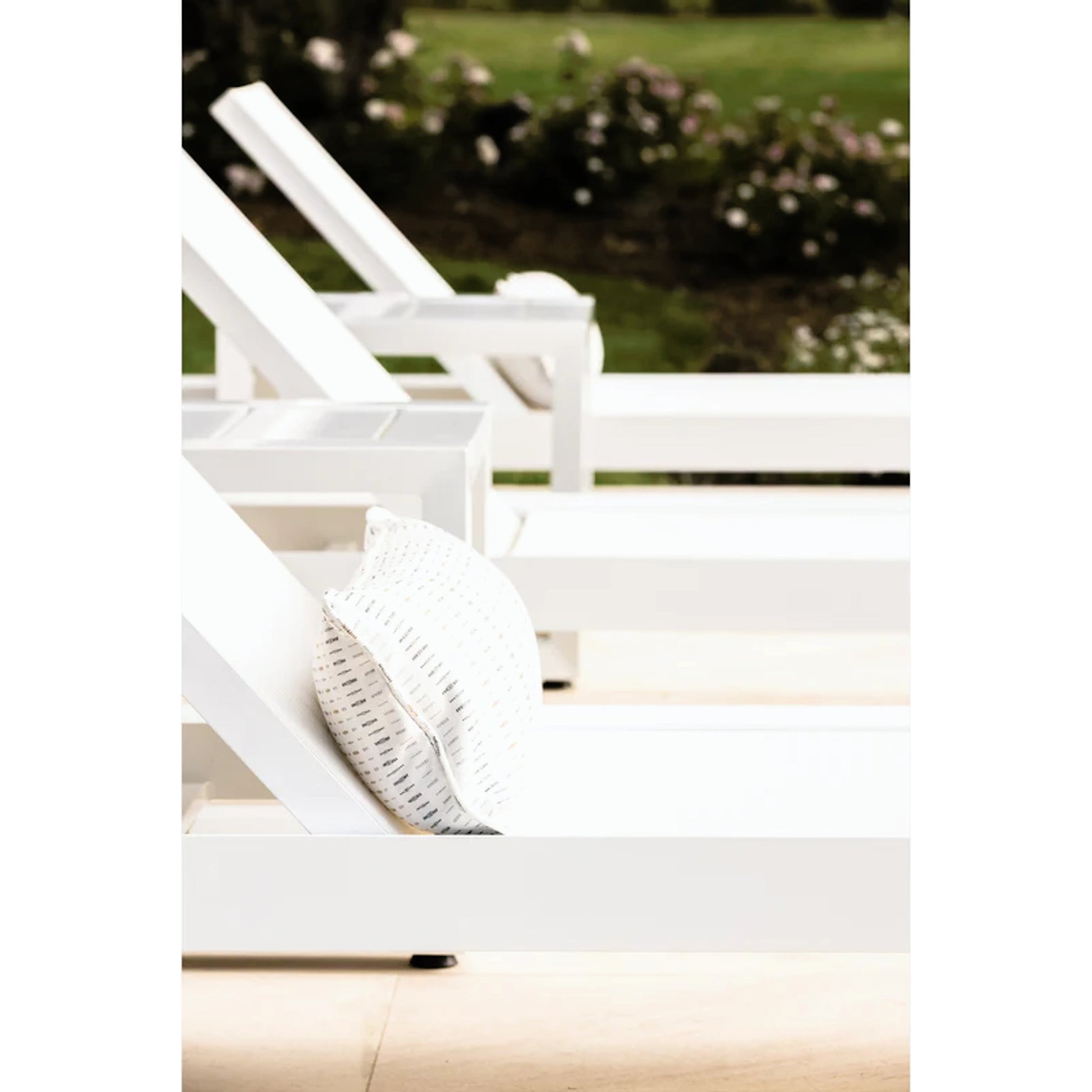 Newport Outdoor Adjustable Sling Chaise by Sunset West in frost. Made from aluminum in a modern style.