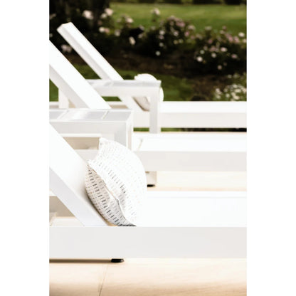 Newport Outdoor Adjustable Sling Chaise by Sunset West in frost. Made from aluminum in a modern style.