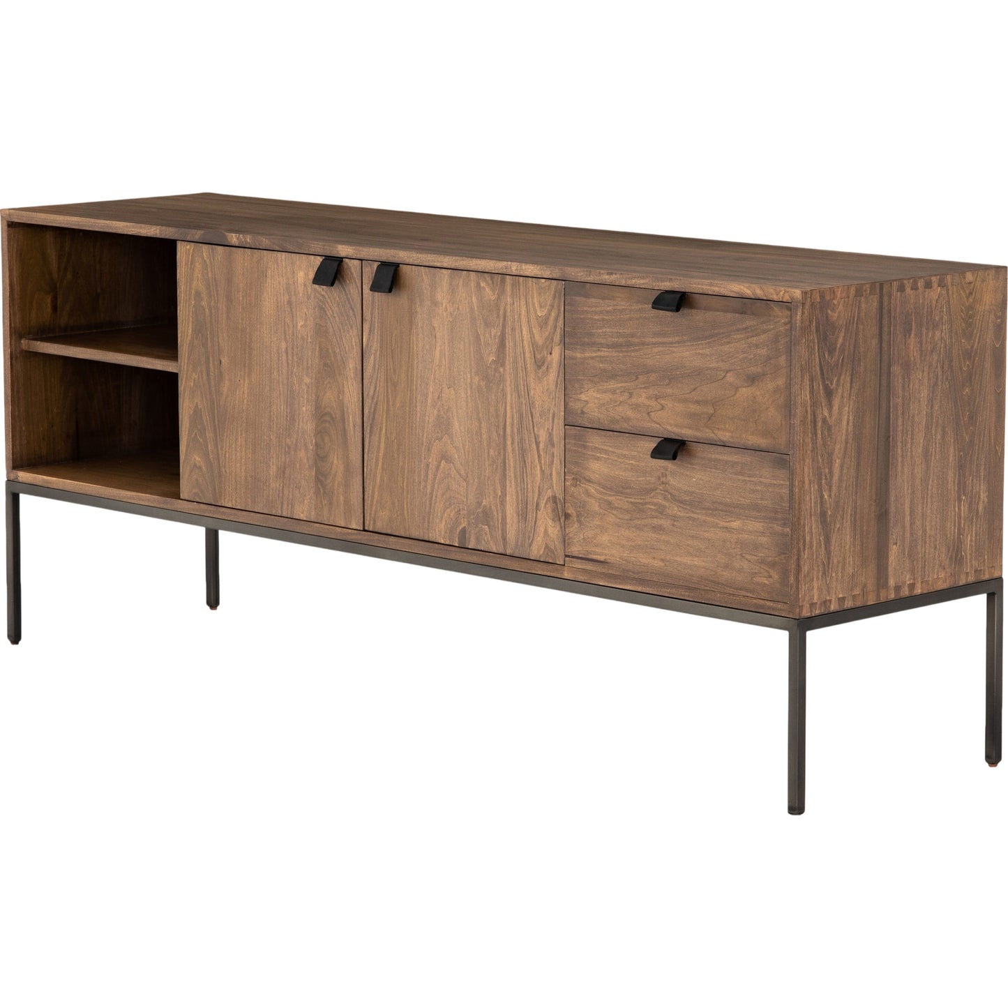 000 SR-369269 | Primary Silo | Trey Media Console by Four Hands. Made from solid poplar, top grain leather, iron in a modern style.
