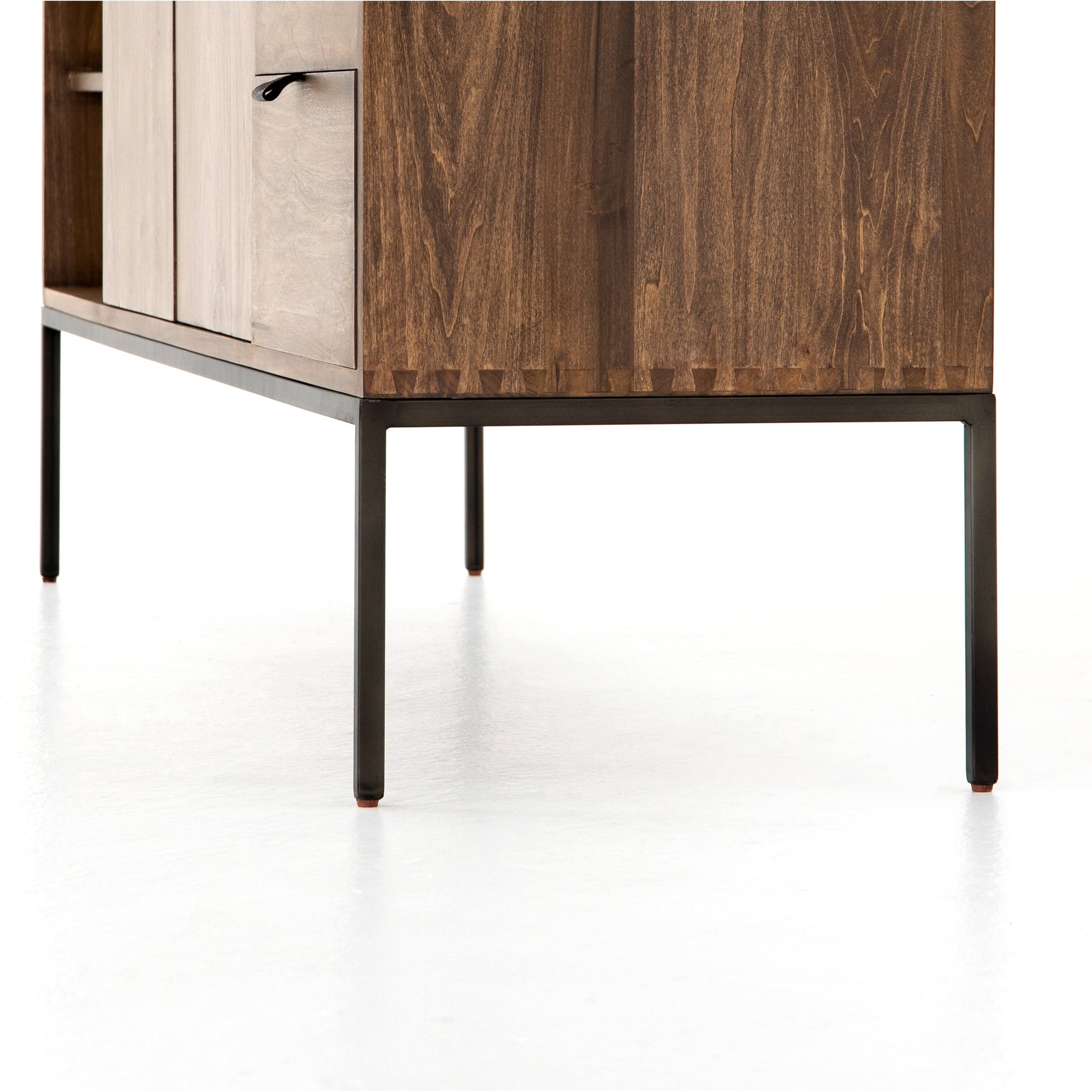Trey Media Console by Four Hands. Made from solid poplar, top grain leather, iron in a modern style.