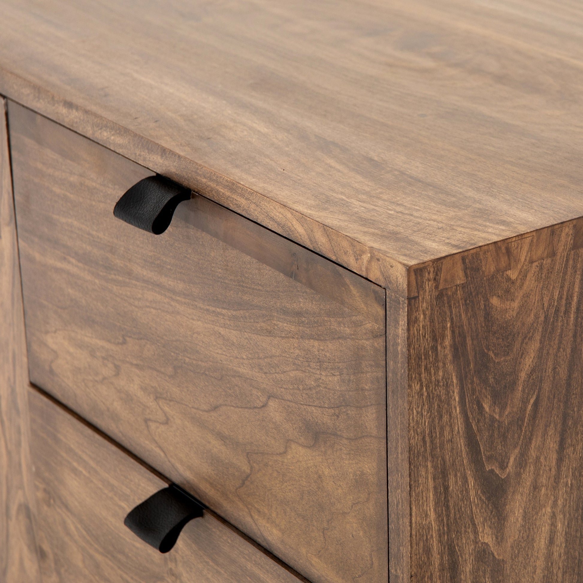 Trey Media Console by Four Hands. Made from solid poplar, top grain leather, iron in a modern style.