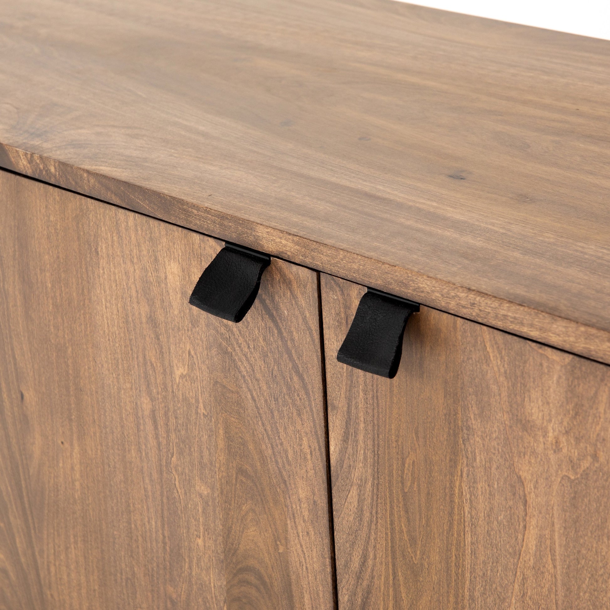 Trey Media Console by Four Hands. Made from solid poplar, top grain leather, iron in a modern style.