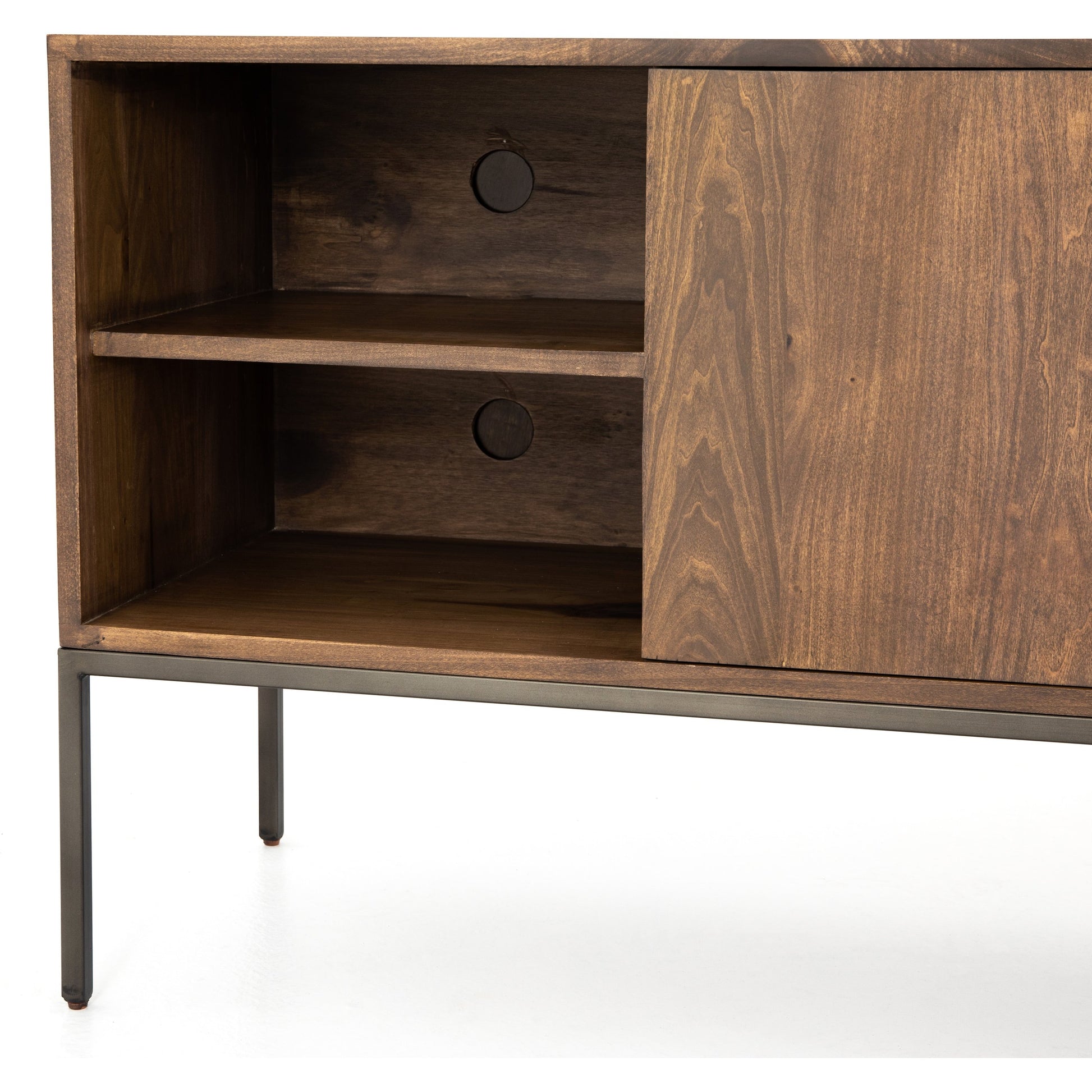 Trey Media Console by Four Hands. Made from solid poplar, top grain leather, iron in a modern style.
