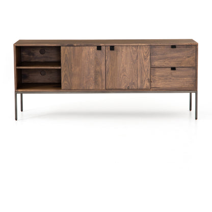 Trey Media Console by Four Hands. Made from solid poplar, top grain leather, iron in a modern style.