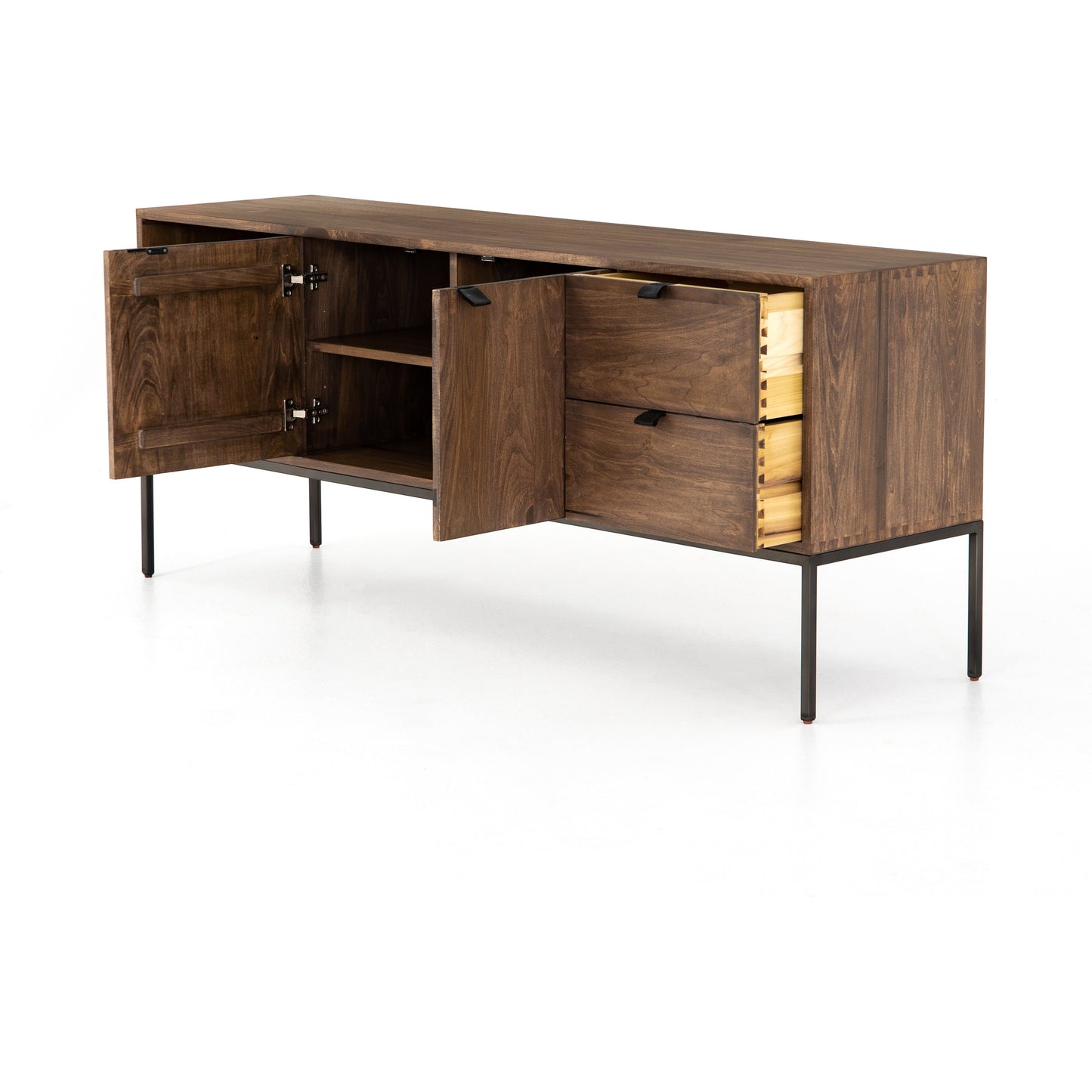007 SR-369269 | Additional Silo | Trey Media Console by Four Hands. Made from solid poplar, top grain leather, iron in a modern style.