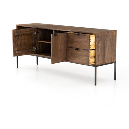 Trey Media Console by Four Hands. Made from solid poplar, top grain leather, iron in a modern style.