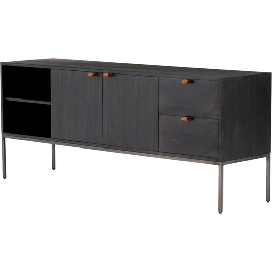 Trey Media Console by Four Hands. Made from solid poplar, top grain leather, iron in a modern style.