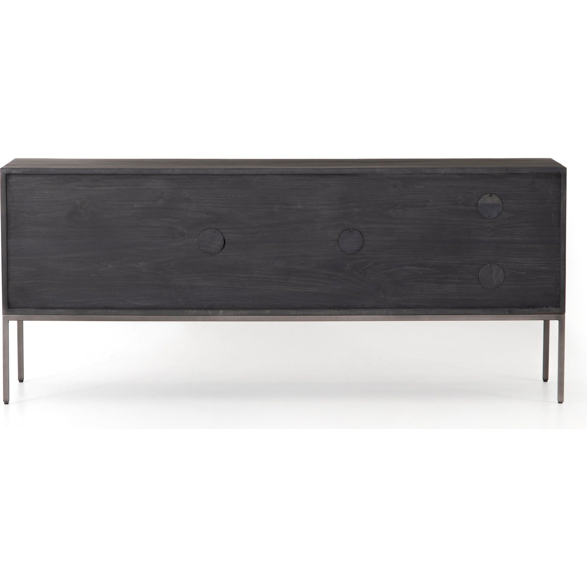 Trey Media Console by Four Hands. Made from solid poplar, top grain leather, iron in a modern style.