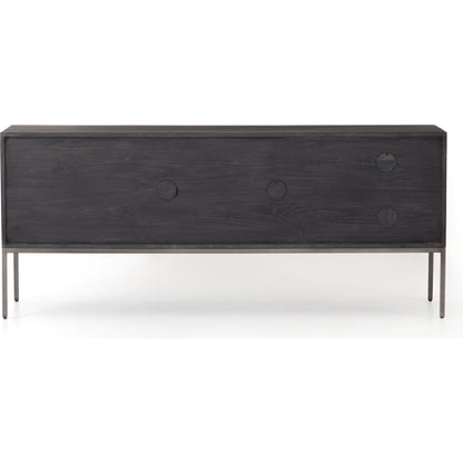 Trey Media Console by Four Hands. Made from solid poplar, top grain leather, iron in a modern style.
