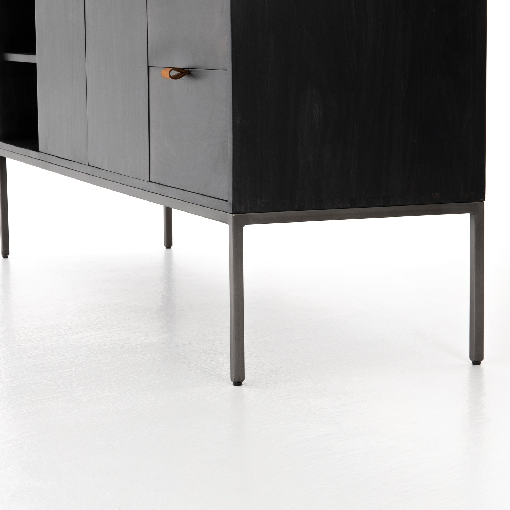Trey Media Console by Four Hands. Made from solid poplar, top grain leather, iron in a modern style.
