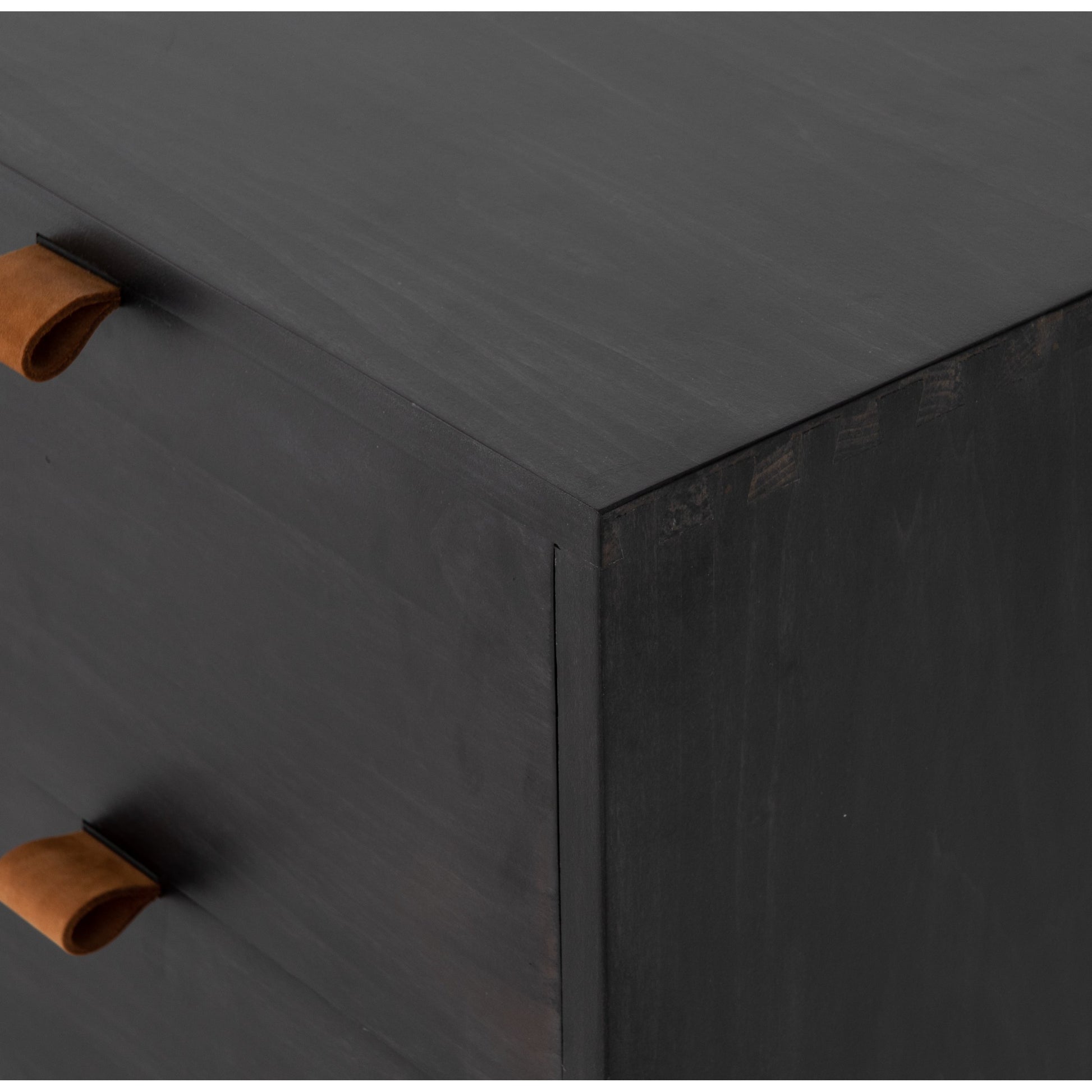 Trey Media Console by Four Hands. Made from solid poplar, top grain leather, iron in a modern style.