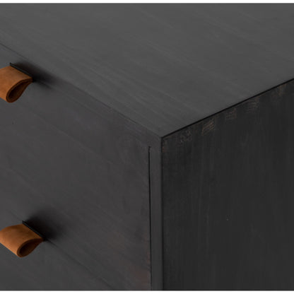 Trey Media Console by Four Hands. Made from solid poplar, top grain leather, iron in a modern style.