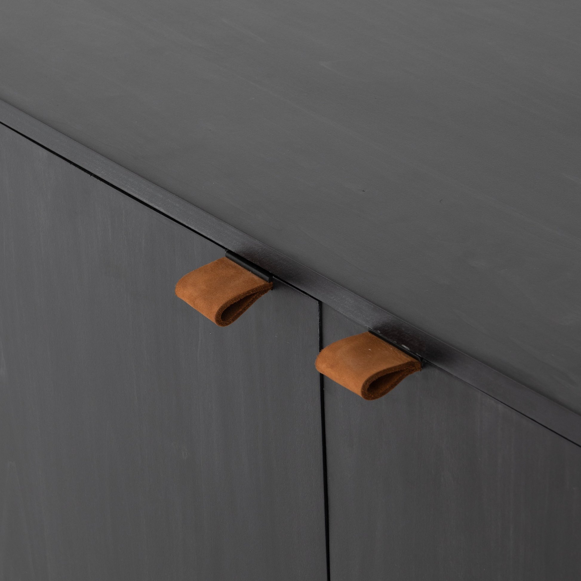 Trey Media Console by Four Hands. Made from solid poplar, top grain leather, iron in a modern style.