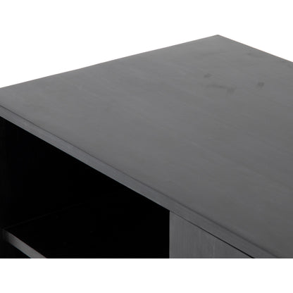 Trey Media Console by Four Hands. Made from solid poplar, top grain leather, iron in a modern style.