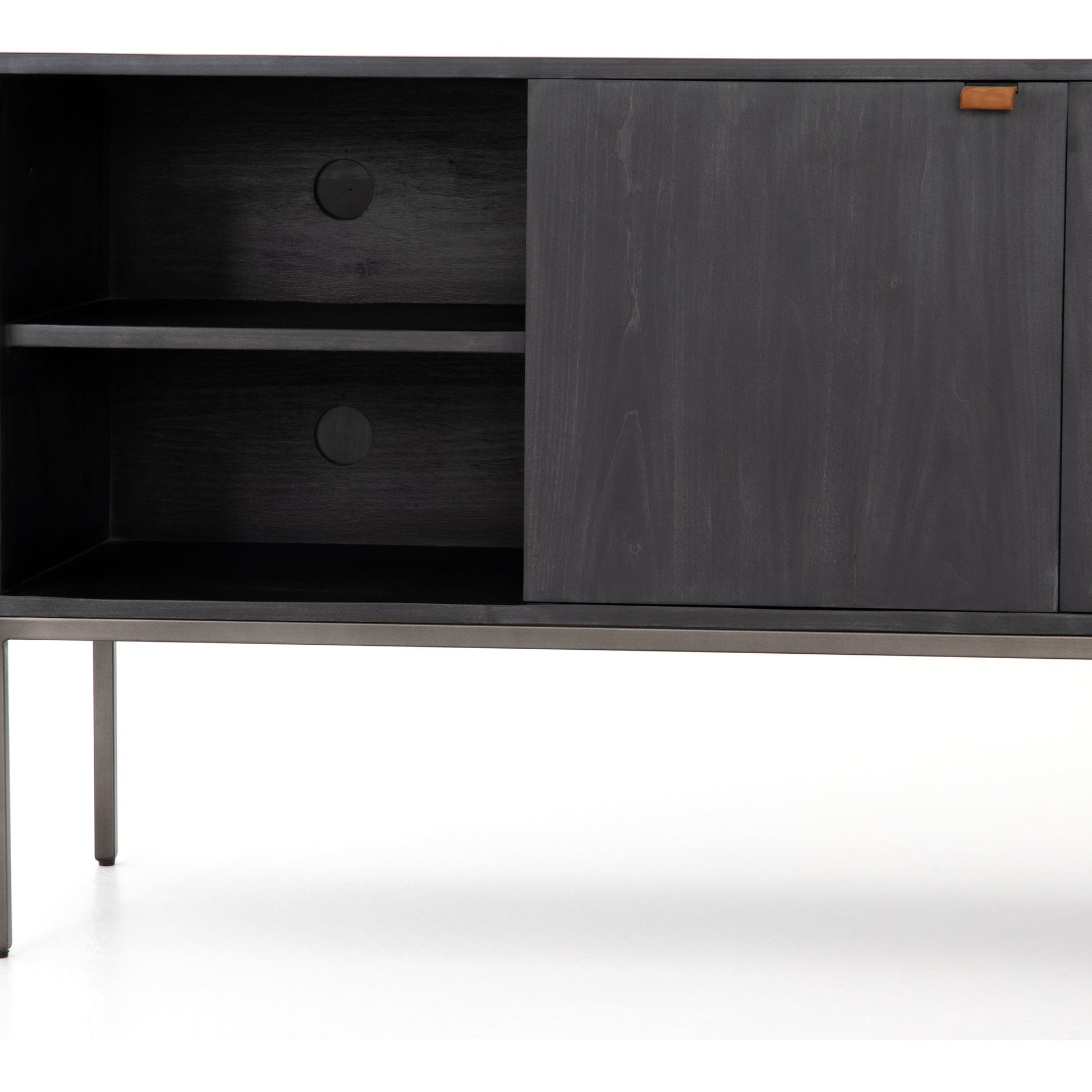 Trey Media Console by Four Hands. Made from solid poplar, top grain leather, iron in a modern style.