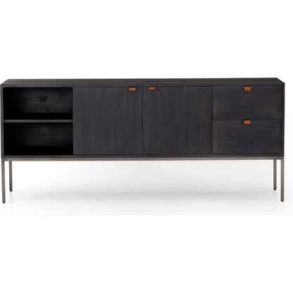Trey Media Console by Four Hands. Made from solid poplar, top grain leather, iron in a modern style.