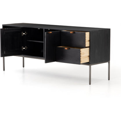 Trey Media Console by Four Hands. Made from solid poplar, top grain leather, iron in a modern style.