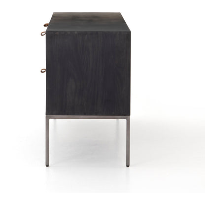 Trey Media Console by Four Hands. Made from solid poplar, top grain leather, iron in a modern style.