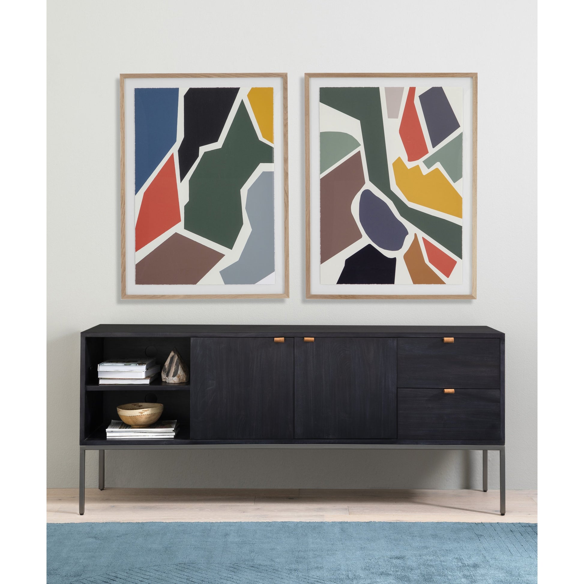 Trey Media Console by Four Hands. Made from solid poplar, top grain leather, iron in a modern style.