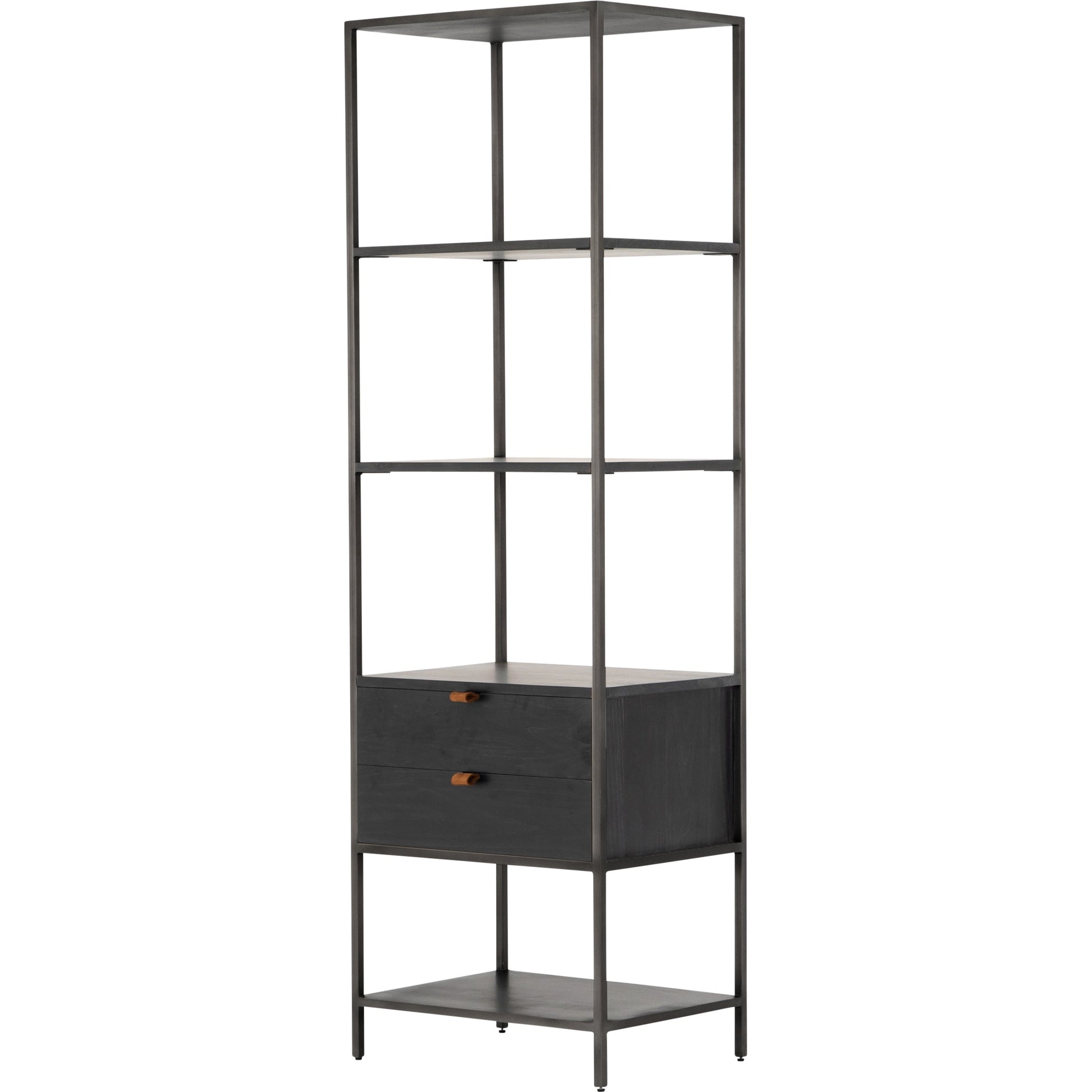 Trey Bookshelf by Four Hands. Made from iron, top grain leather, solid poplar in a modern style.