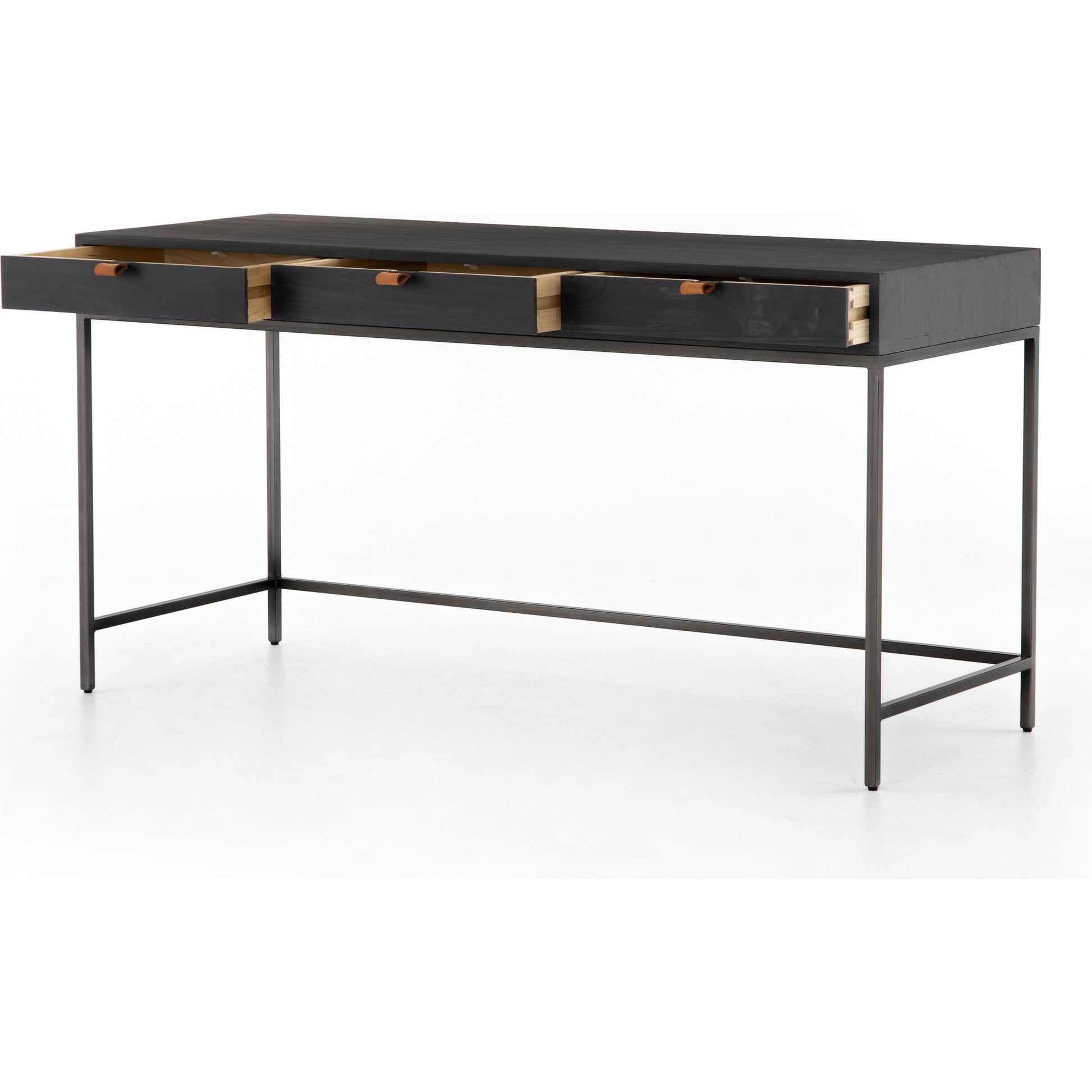 Trey Modular Writing Desk by Four Hands. Made from solid poplar, top grain leather, iron in a modern style.