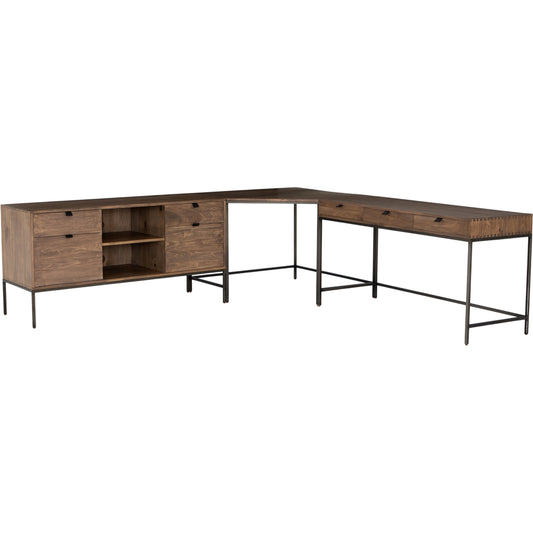 Trey Desk System with Filing Credenza by Four Hands. Made from solid poplar, top grain leather, iron in a modern style.