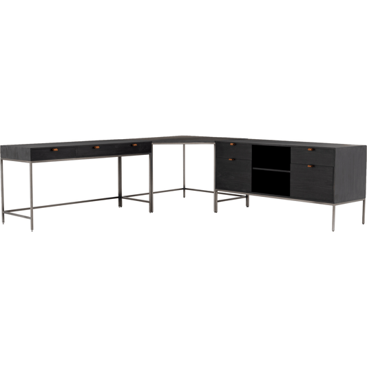 Trey Desk with Filing Credenza by Four Hands in black wash and natural iron, black wash poplar, toffee leather. Made from solid poplar, top grain leather, iron in a modern style.